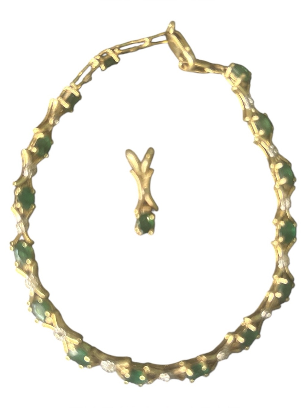 14K Gold Emerald Diamond Tennis Bracelet & Pendant Set 6g ADL